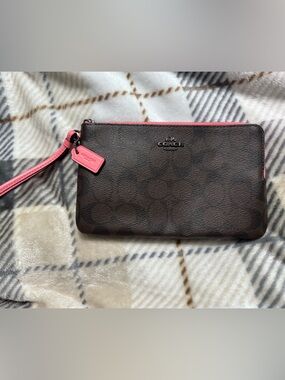 Coach Brown Signature Wristlet with Pink Trim Accent